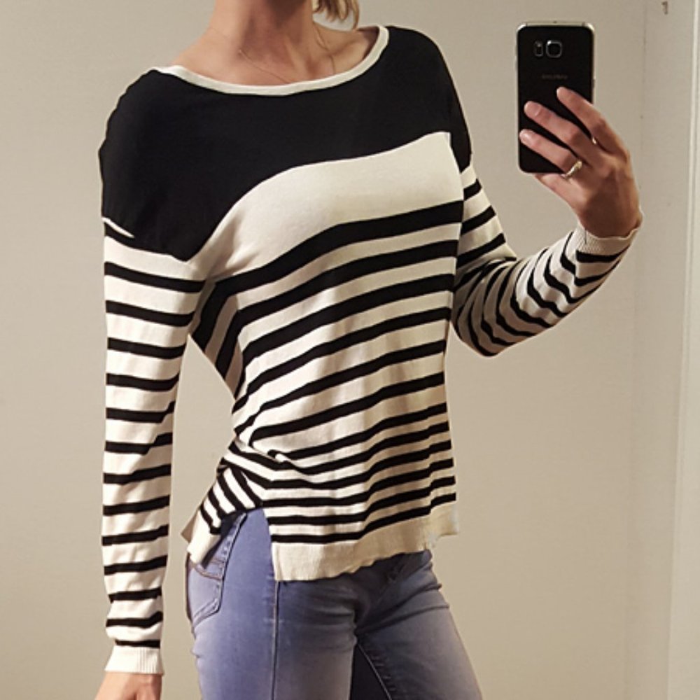Black/white sweater with sheer shoulder area